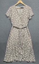 Roman Summer Midi Dress Beige Polka Dot V Neck Lightweight Women’s Uk10 Frill