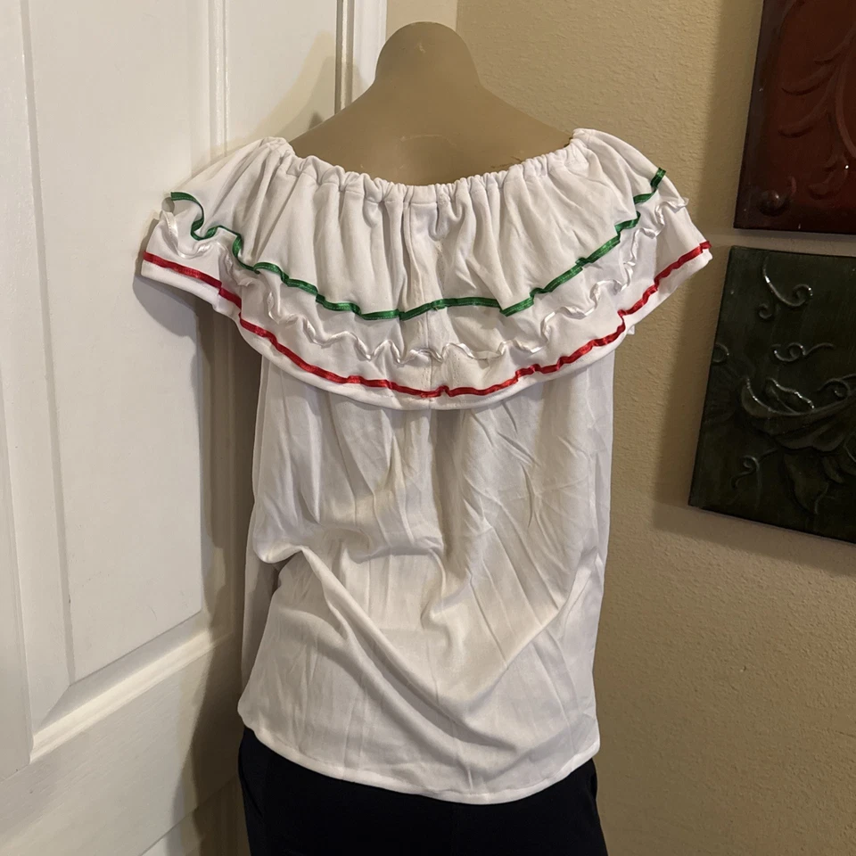 White TriColor Mexican Folkloric Women Size M/L Off-Shoulder Ruffle Top Lace - Image 2 of 2