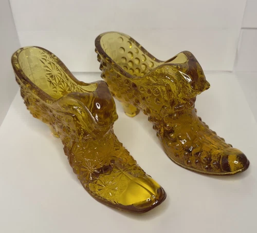 FENTON CAT HEAD Amber Glass Shoe Boot Lot Pair Hobnail & Daisy and Button VTG