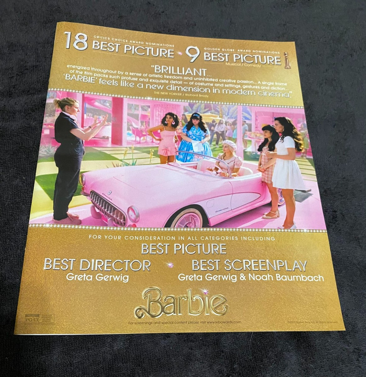 BARBIE 2024 Oscar ad with pink convertible, Margot Robbie, Greta