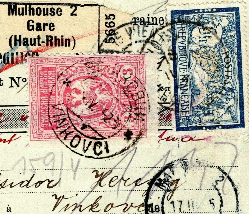 Tarjeta de paquete CROACIA FRANCIA ESTACIÓN DE FERROCARRIL franqueo mixto 1925 Vinkovci F298a Foto 2 de 4