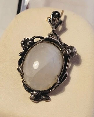 Pendentif Art Nouveau Argent Massif 925 & Véritable Pierre de Lune - Floral #F5 - Photo 1/4