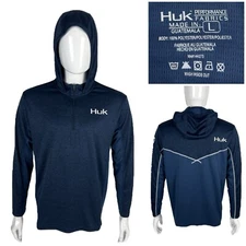 HUK Mens Large Hoodie Lightweight Pullover Fishing Performance Fabrics Blue EUC