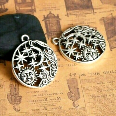 2 Tibetan Antiqued Silver 30x35mm Sun Man in the Moon Face Stars Waves Pendants