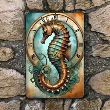 Steampunk Seahorse Metal Sign - Nautical Wall Art - Industrial Decor, 8x12