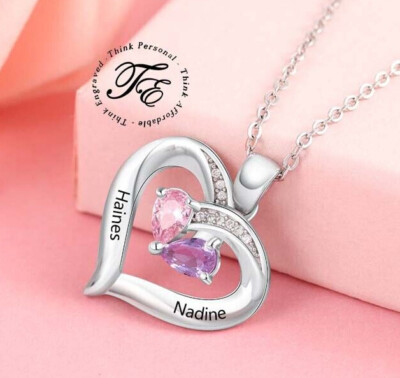 2 Birthstone Mother's Necklace Sterling Silver Inner Heart - 2 Engraved Names