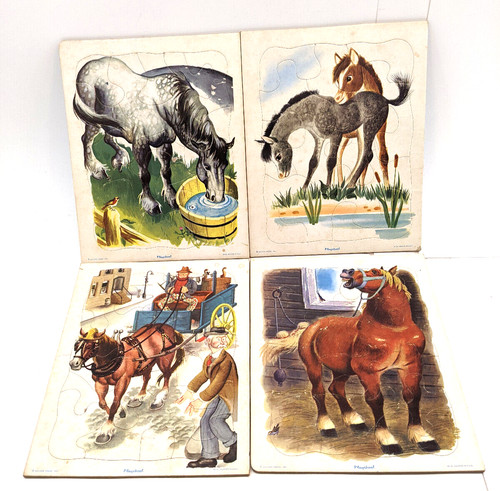 Lot of 4 Playskool Cardboard Horse Puzzles Golden Press 1950s Vintage 8” X 10”