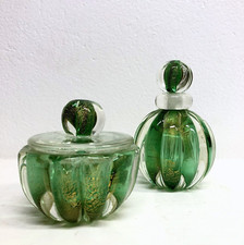 COPPIA Vanity Bottle VETRO MURANO Barovier&Toso TRASPARENTE VERDE FOGLIA ORO '40