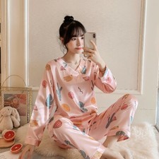 Women Silk Satin Pajamas Set Long Sleeve Sleepwear Pj Loungewear Nightwear Charm