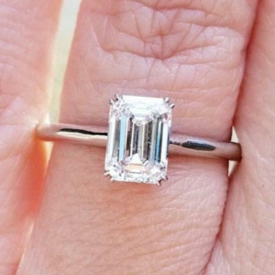 2 CT Solitaire Emerald Cut Moissanite Engagement Ring Women Solid 14K White Gold