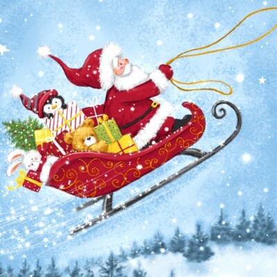 20 Servietten Sleigh Ride Santa Schlitten Himmel Weihnachten blau rot  33x33cm