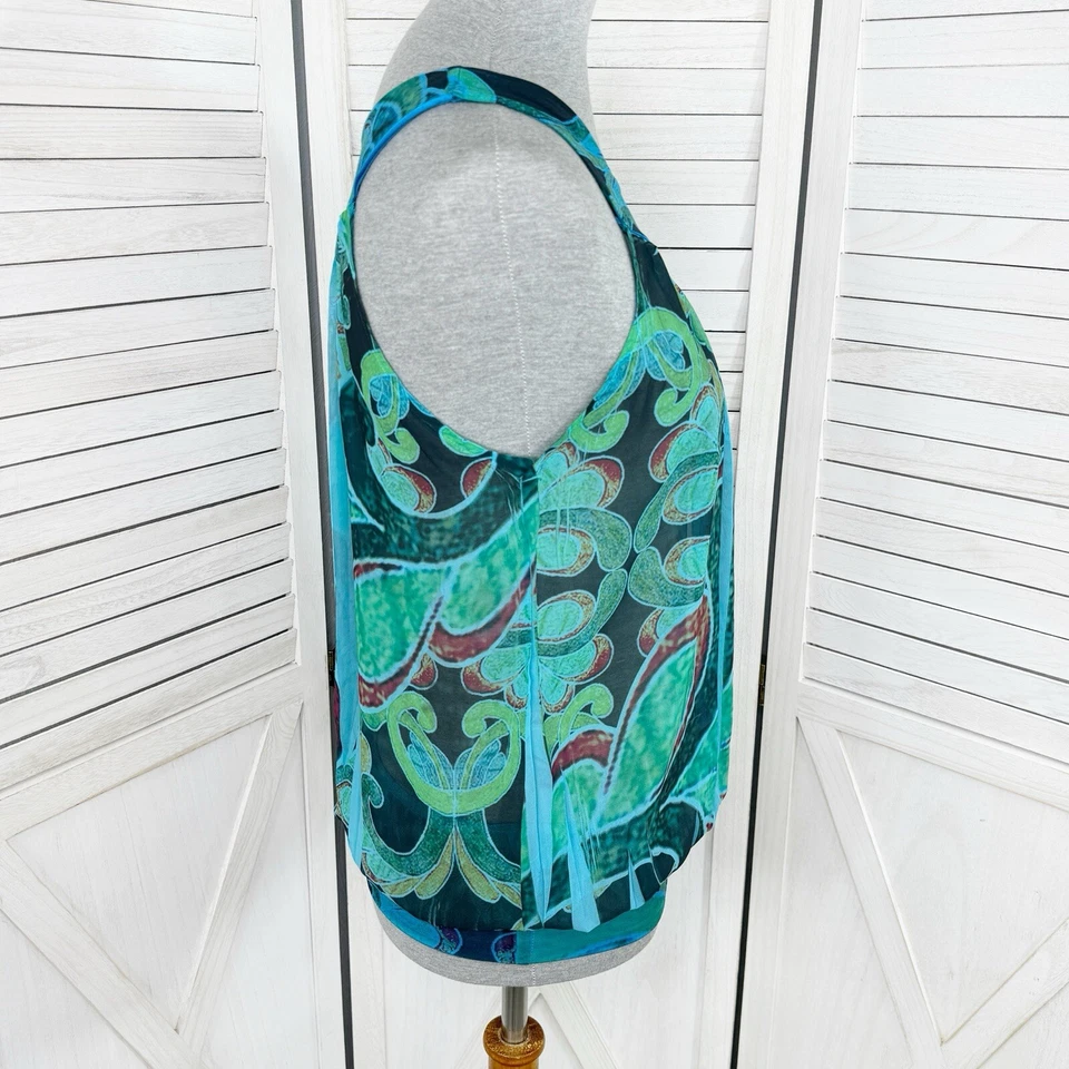 Lipstick Tank Top Womens Medium Teal Blue Paisley Stamp Died Pleated Y2K Blousey - Image 3 of 4