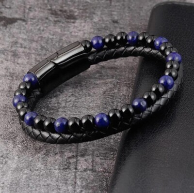 Natural Obsidian Lapis Lazuli Leather Wrap Bracelet Men Friendship Protection