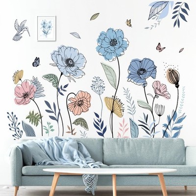 wondever Blue Boho Flower Wall Stickers Floral Grass Butterfly Peel and Stick