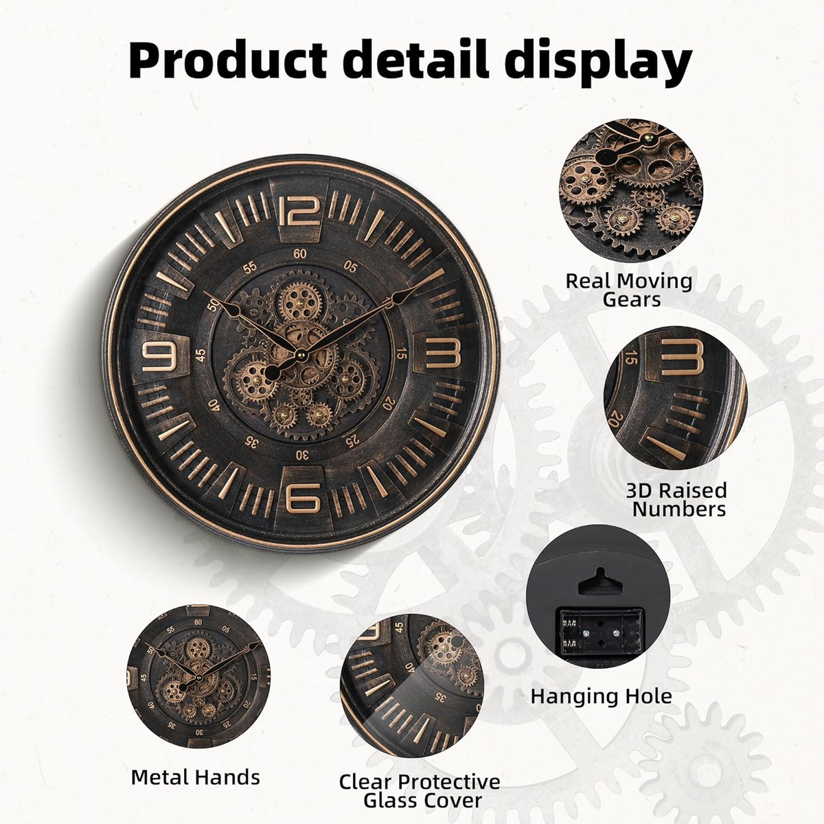 ヴィンテージ風 置時計 ギア可動 Large Vintage Moving Gear Wall Clock, 20''Battery Operated