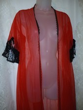 Vintage 80s Red Sheer Chiffon Nylon Black Polkadot Lace Peignoir Robe Lingerie M