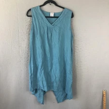 Match Point Tunic Dress Womens Medium Blue Linen Asymmetrical Hem Made USA Boho