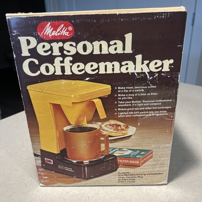 Vintage Melitta Personal Coffeemaker Yellow W/Brown Mug Filters Open Box.