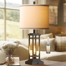 27.5 Tall Farmhouse Table Lamp W/ USB C USB A Charge Ports Rustic Living Room
