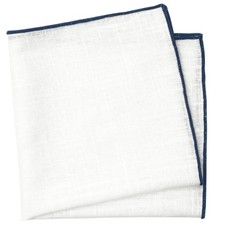 White Pocket Square with Embroidered Steel Blue Edge