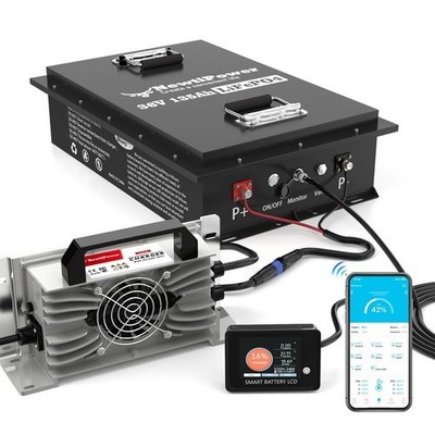 36V 135Ah LiFePO4 Lithium Golf Cart Battery with APP + 15A Charger Touch Monitor
