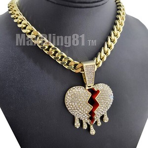 Authentic Gold Plated Broken Heart Drip Cubic Zirconia Pendant & 10mm Cuban Chain Necklace