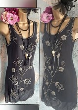 Black silver floral glamorous 20s deco gatsby beaded flapper evening dress 8 New