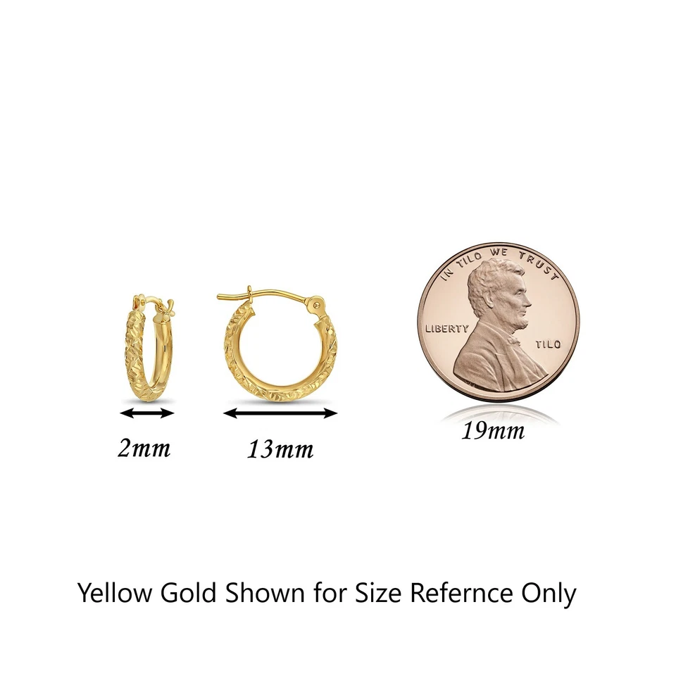 14K Real Solid Gold Hand Engraved Diamond-Cut Round Small Hoops Earrings 13mm - Image 3 of 4