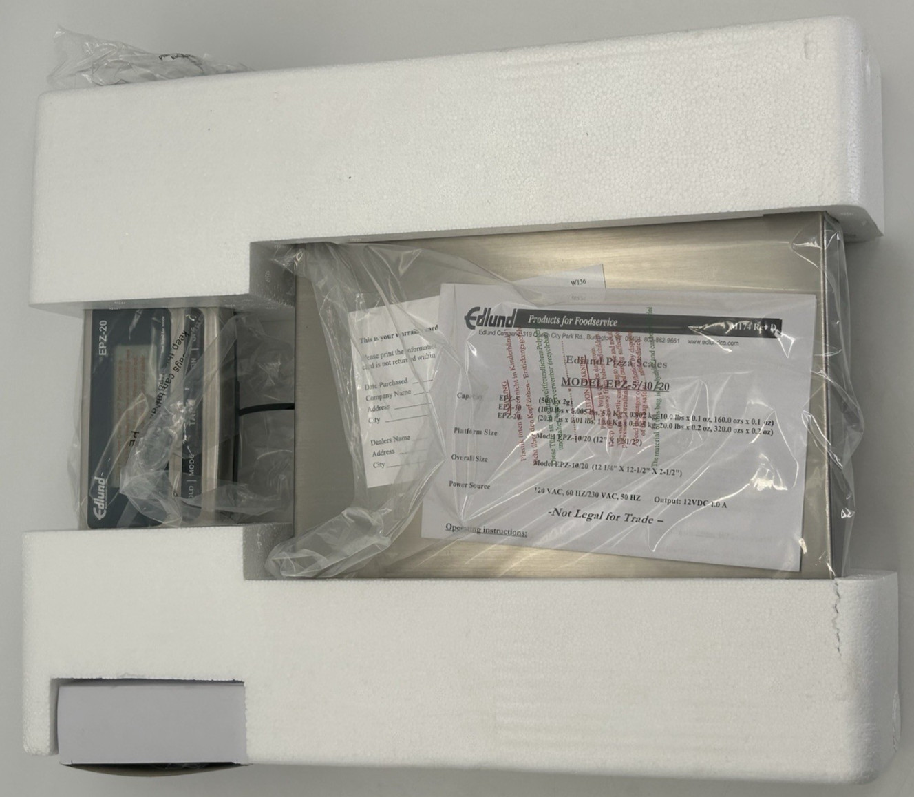 NEW Edlund EPZ-20 20 lb Digital Pizza Scale 12-1/4" x 12-1/2" Stainless Steel