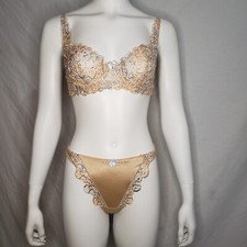 Victoria's Secret Second Skin Satin Embroidered Bra Set 34B Small Thong Gold