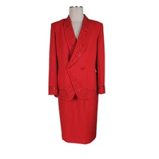 John Meyer Skirt Suit Women Size 8 Red Beaded Sequins Double Breasted Blazer