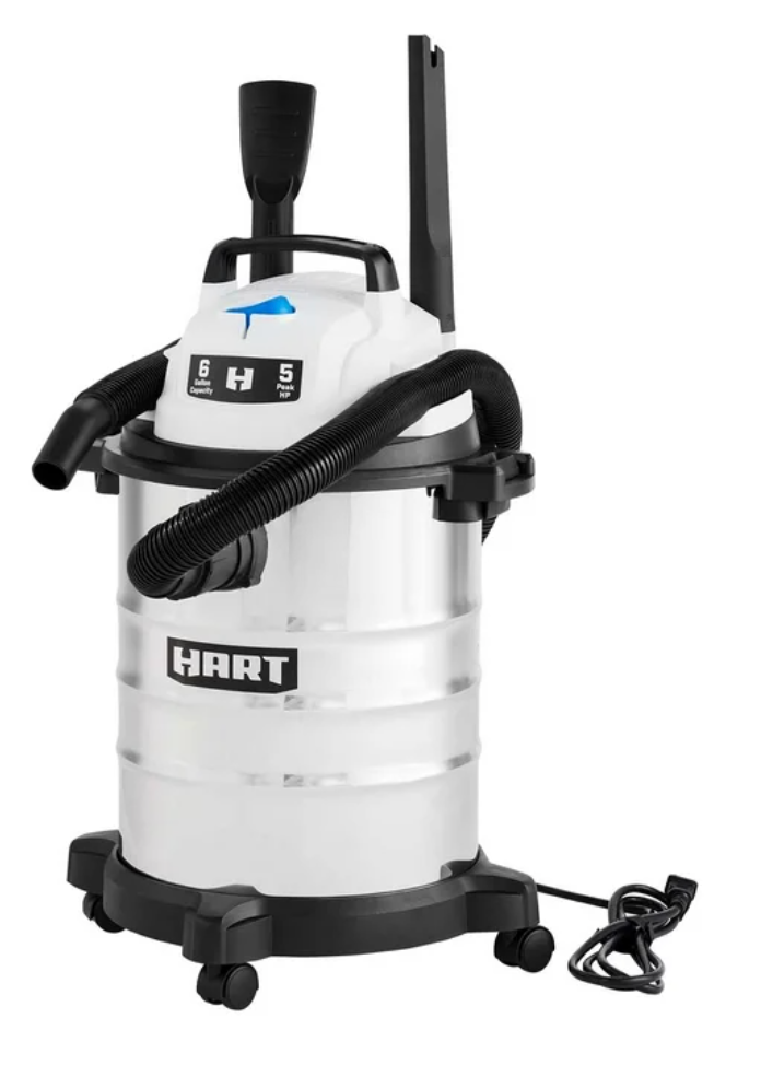 HART 6-Gallon 5 HP Wet/Dry Vacuum - Powerful Stainless Steel with Car Kit Bonus