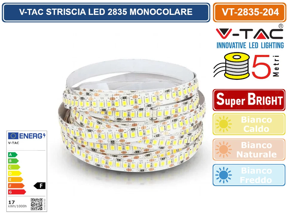 V-TAC STRISCIA LED 3528 MONOCOLORE 204 LED/METRO BOBINA DA 5 METRI 8500 LUMEN - Immagine 2 di 3