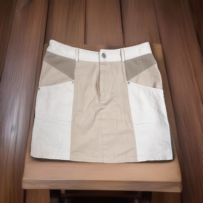Very J Pocket Mini Skirt Womens Size L Colorblock Tan Y2K Boho Front Zip NWT