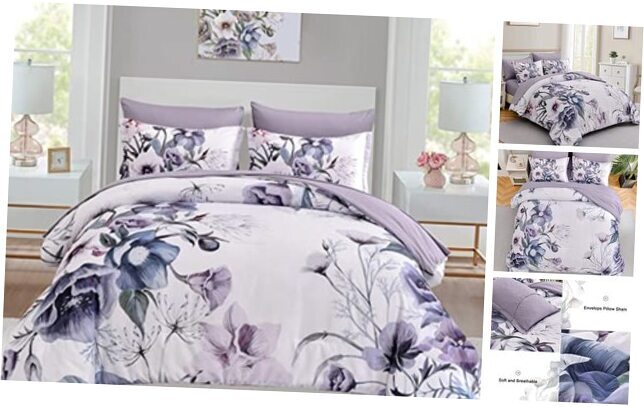 Floral Comforter Set 7 Piece Flower Bed in a Bag, Elegant Queen Size Purple