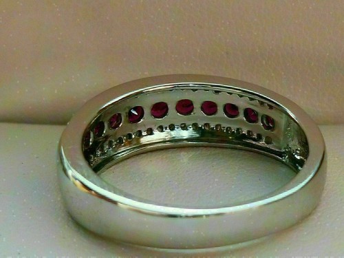 14k White Gold Finish Round Cut Simulated Red Ruby Diamond Eternity Women Ring - Picture 4 of 7