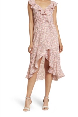 SOCIALITE Pink Floral Print Ruffled Faux Wrap High/Low Midi Dress Women  Small