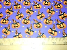 1 yard Jack O Lanterns with Striped Hats and Stars on Purple Halloween Fabric