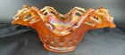 Vintage Fenton Carnival Marigold Glass Basket Weave Bowl Open Lace Dark moldline