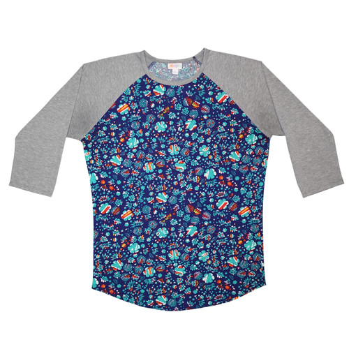 LuLaRoe Disney Collection Randy Raglan Tee Large Grey Sleeve Blue Foliage Base