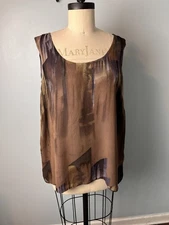Citron 100% Silk Sleeveless Top Blouse Shirt 1x Abstract Brown Boho Scoop Neck