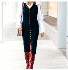 Zara Navy Long Blue Knit Dress with Gold Buttons, Size M