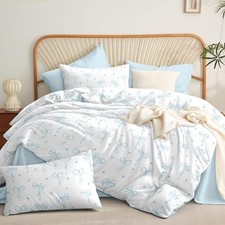 Twin Comforter Set White - Light Blue Bow Quilt Bedding Set 2 Pieces,