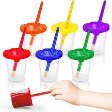 6 Paint Cups with Lids, 6 Brushes, No Spill Art Supplies, Multicolor