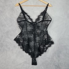Vntg Fredericks Of Hollywood Teddy Womens Large Black Floral Lace Sheer Romantic
