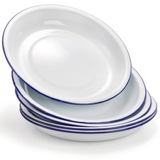 Dicunoy 5-Pack 9.5" Enamel Plates - White Round Shallow with Blue Rim