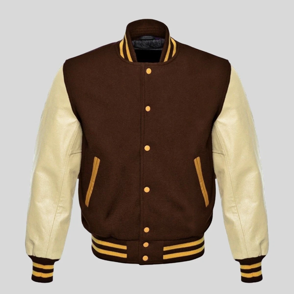 Men’s Brown Wool Varsity Jacket Cream Leather Sleeves Bomber Coat