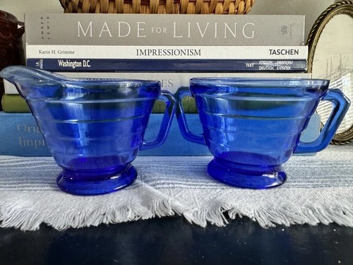 Hazel Atlas Moderntone Cobalt Blue Depression Glass Cream and Sugar Art Deco