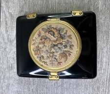 VTG 1920-40s Rectangular Embroidered Floral Compact Powder & Rouge Case Black