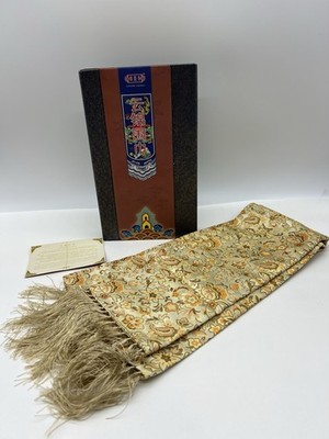 Chinese Yunjin Brocade Scarf Gold Floral Satin Weave Fringe Tassels With Box